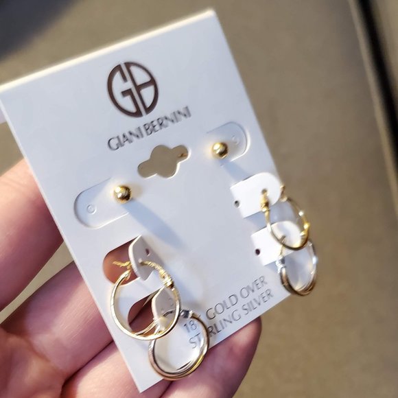 GIANI BERNINI 3PC. Set Small Hoop Ball Stud Earrings Sterling Silver & 18K Gold - Picture 4 of 8